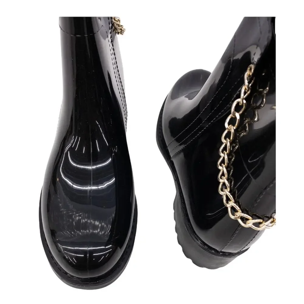 Henry Ferrera Black Patent Chain Accent Relax Urban Chic Rain Boots 9 Women's